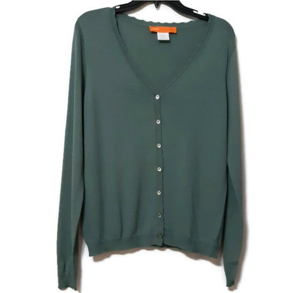 Cynthia Steffe cardigan button front sage green sz M viscose pointelle